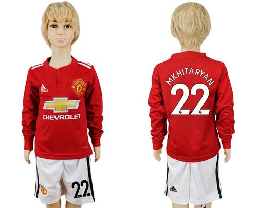 Manchester United #22 Mkhitaryan Home Long Sleeves Kid Soccer Club Jersey - Click Image to Close
